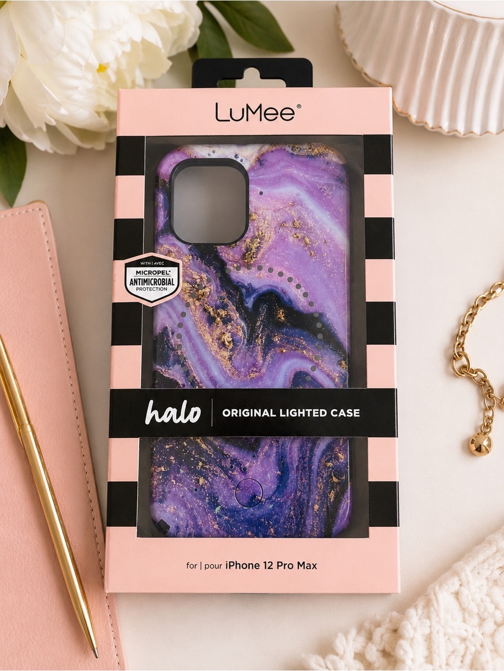 LuMee Halo Lighted iPhone 12 Pro Max Case Purple Marble Selfie Light